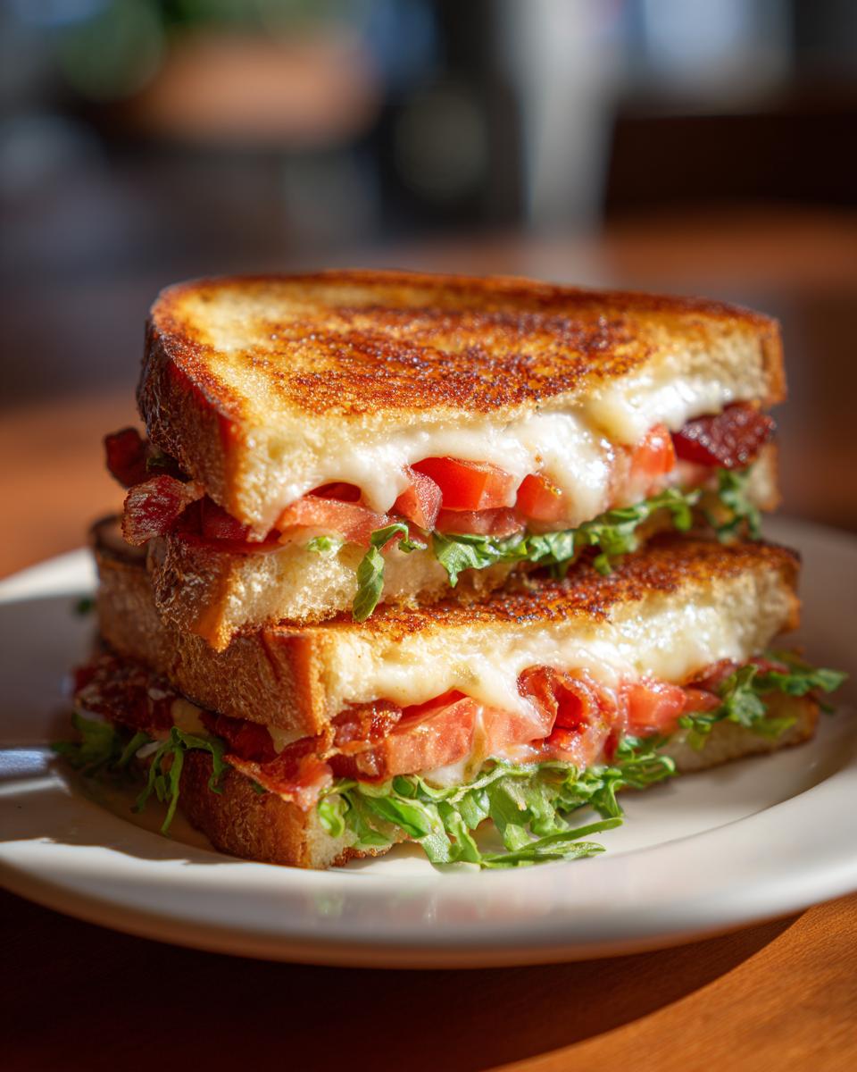 Gestapelde BLT Egg Grilled Cheese Sandwich met gesmolten kaas, tomaat, sla en spek op een wit bord.