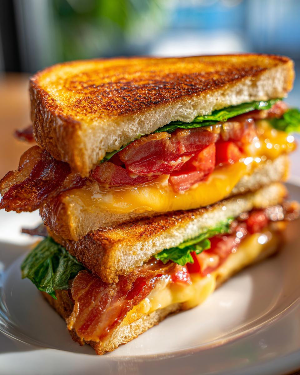 Twee helften van een BLT Egg Grilled Cheese Sandwich, gestapeld, met gesmolten kaas en knapperige bacon.