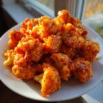 Een bord vol met knapperige, oranje geglaceerde Buffalo Cauliflower, badend in zonlicht.