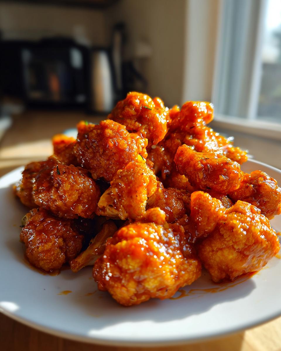 Een stapel knapperige, oranje geglazuurde Buffalo Cauliflower stukjes op een wit bord, badend in zonlicht.