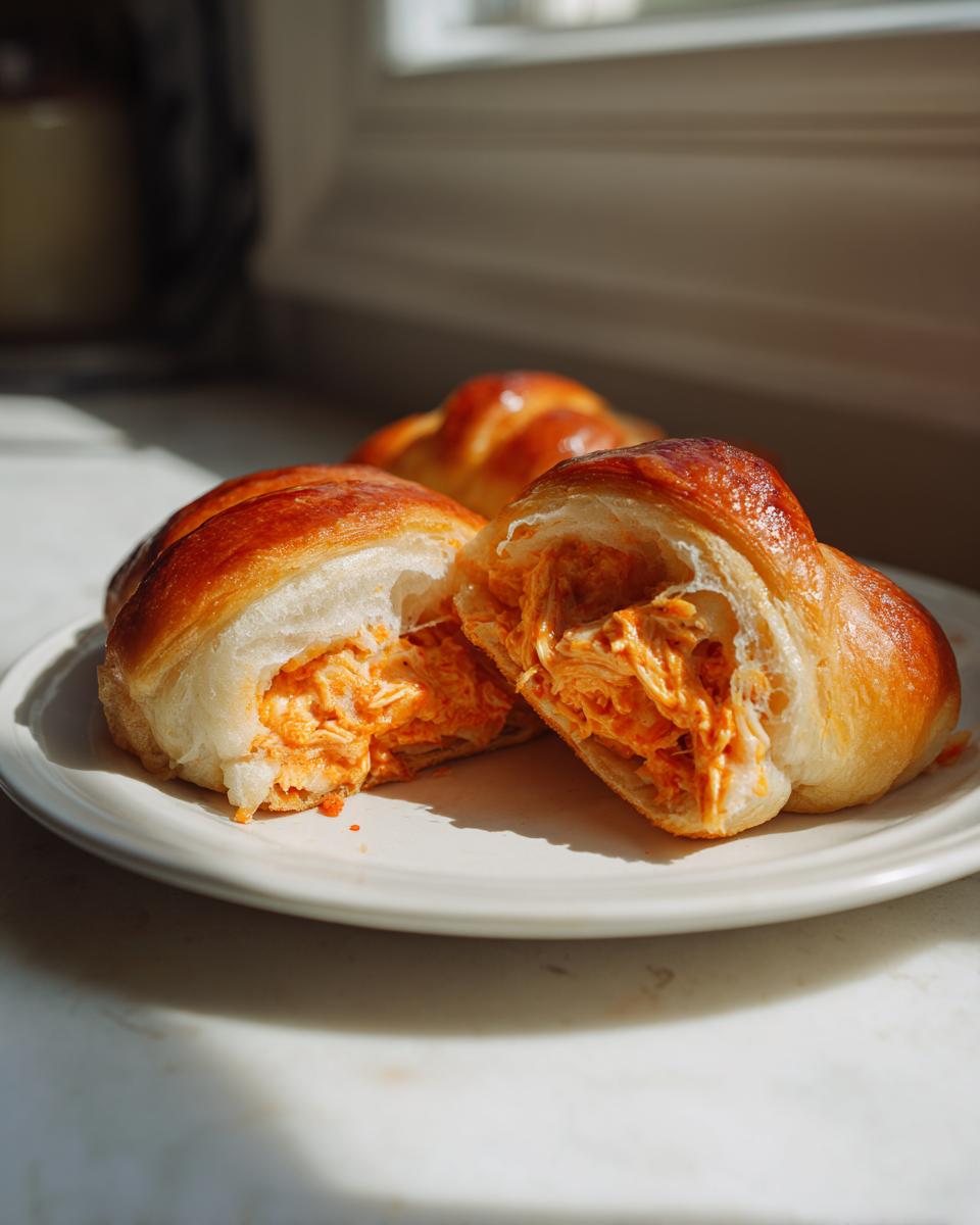 Close-up van Buffalo Chicken Crescent Rolls op een bord, &eacute;&eacute;n doormidden gesneden om de vulling te tonen.