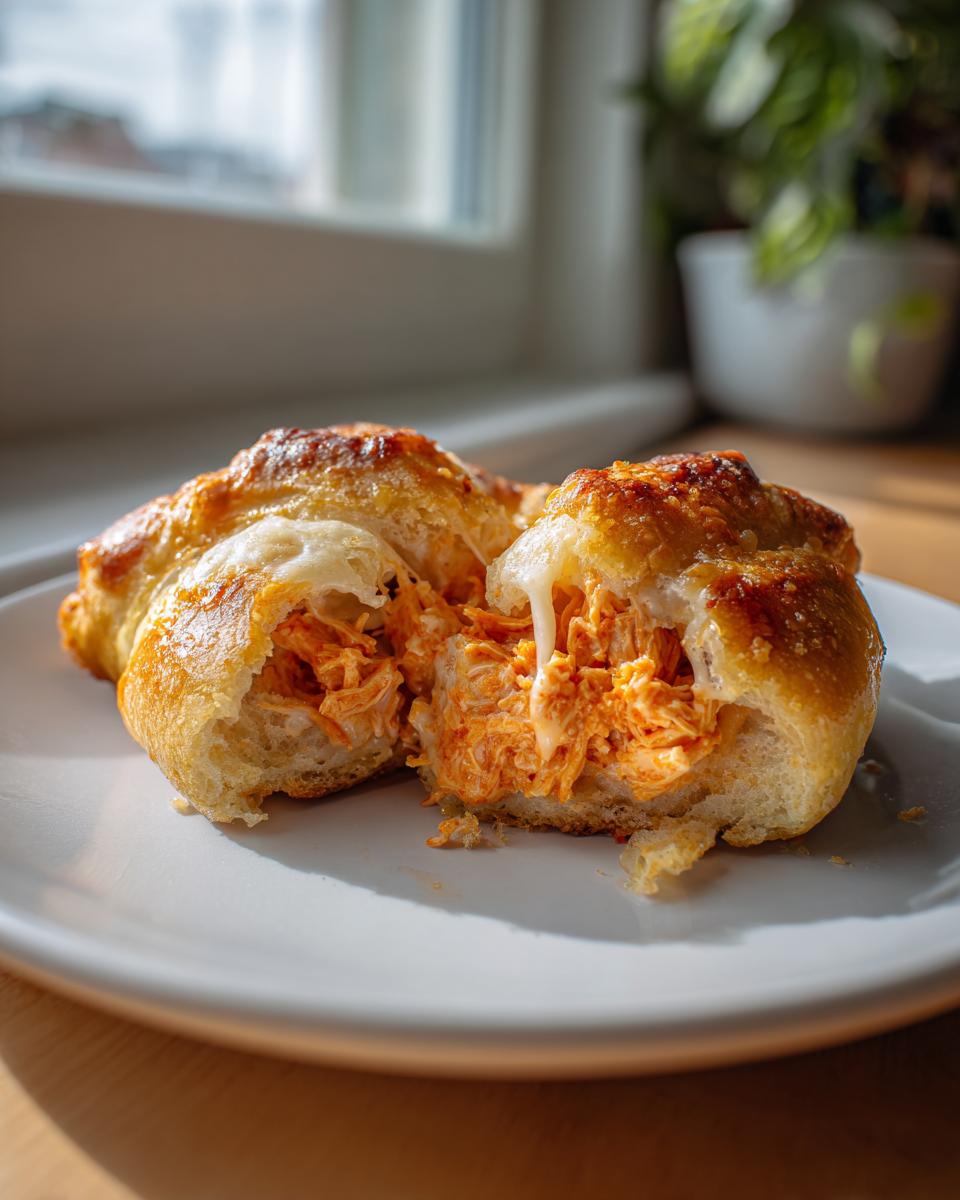 Een Buffalo Chicken Crescent Roll doormidden gesneden, met smeu&iuml;ge oranje vulling en gesmolten kaas.