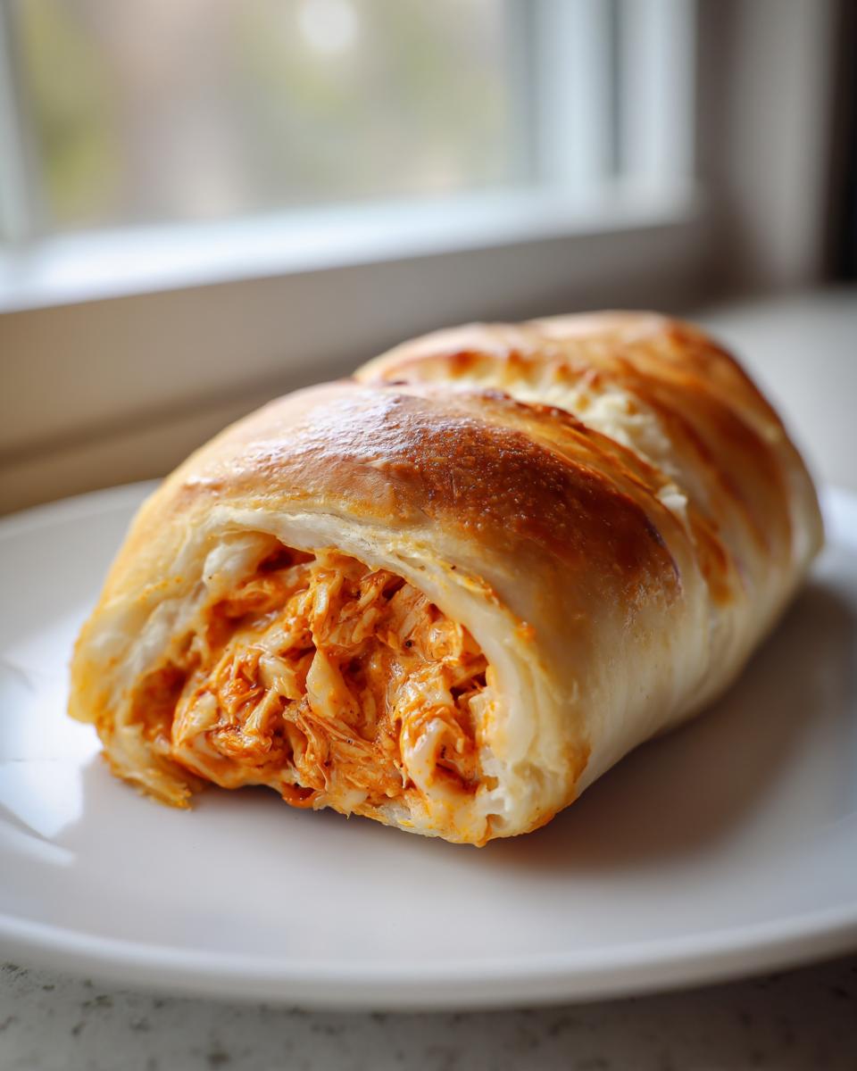 Close-up van een goudbruin gebakken Buffalo Chicken Crescent Roll, opengesneden om de oranje, gekruide kipvulling te tonen.