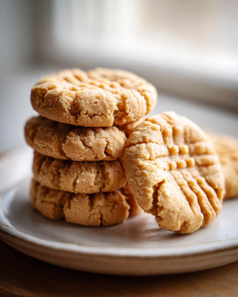 Close-up van een stapel zachte Cake Mix Peanut Butter Cookies met het klassieke vorkpatroon op een licht bord.