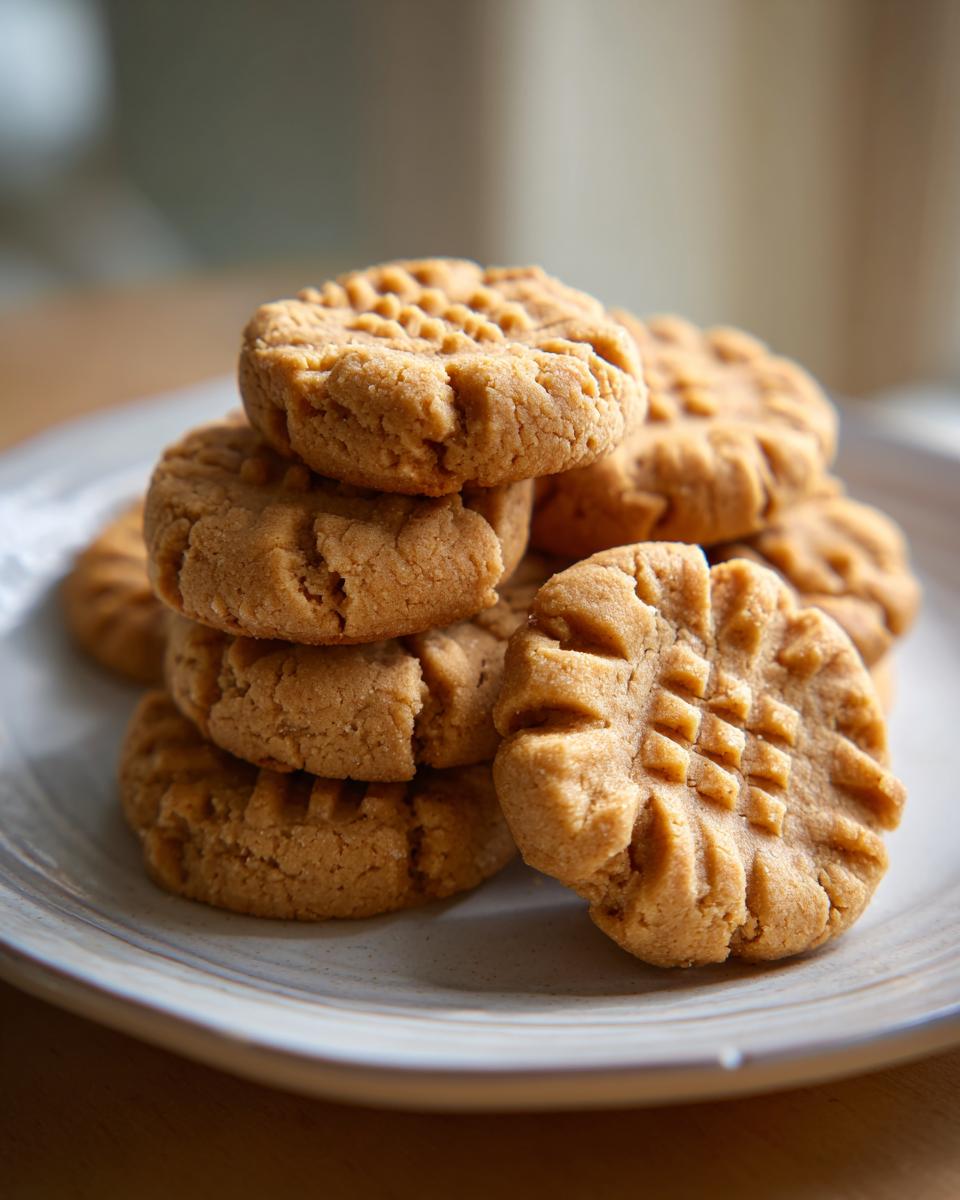 Een stapel goudbruine Cake Mix Peanut Butter Cookies met het klassieke vorkpatroon op een lichtblauw bord.