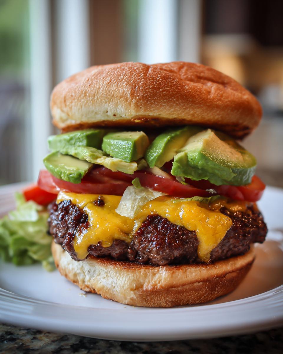 Close-up van een rijkelijk belegde California Burger met gesmolten kaas, plakjes avocado, tomaat en sla op een wit bord.