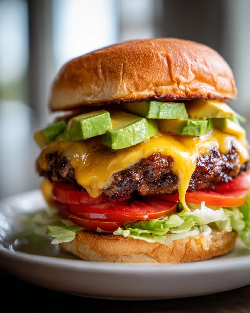 Close-up van een heerlijke California Burger met gesmolten kaas, plakjes avocado, tomaat en sla op een wit bord.