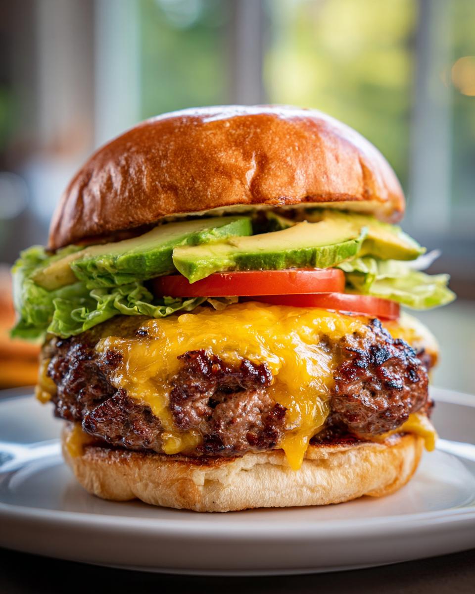 Close-up van een heerlijke California Burger met gesmolten cheddar, avocado, tomaat en sla op een zacht broodje.