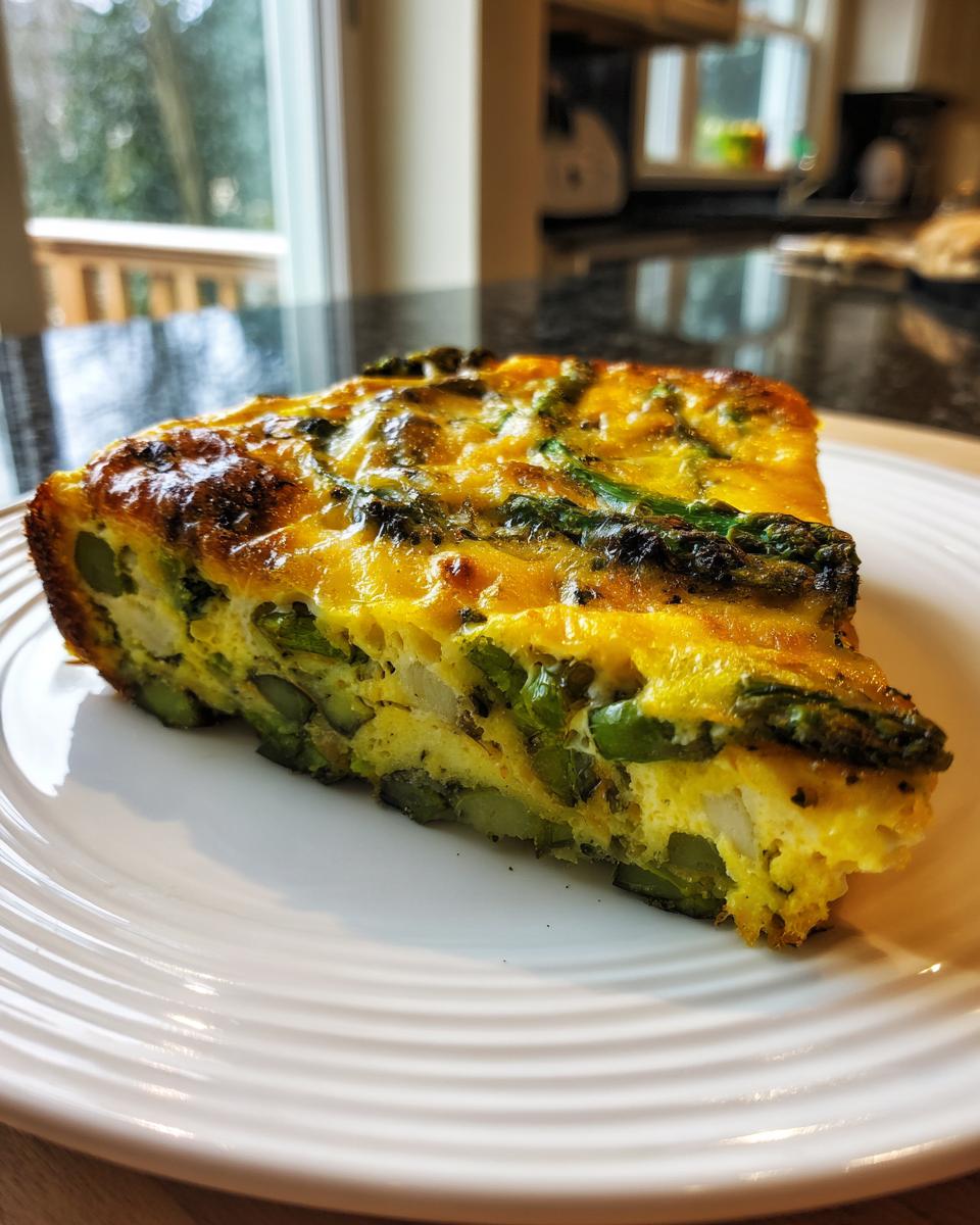 Een dikke, goudbruine portie Cheesy Asparagus Frittata met veel groene asperges, geserveerd op een wit bord.