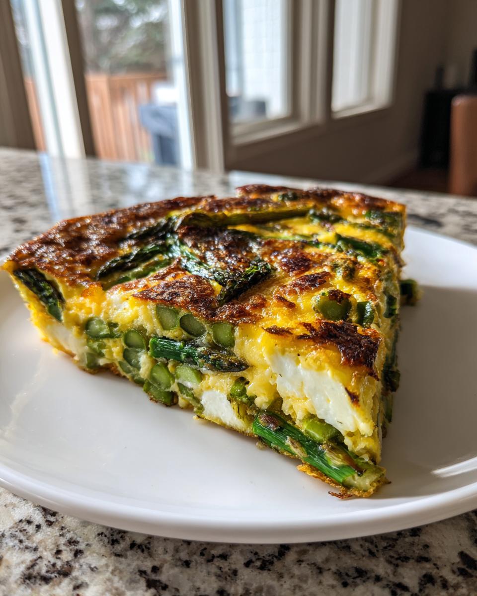 Een dikke punt Cheesy Asparagus Frittata met veel groene asperges op een wit bord.