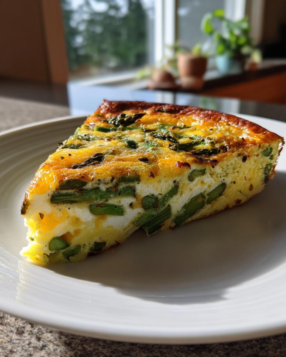 Een dikke punt Cheesy Asparagus Frittata met zichtbare groene asperges op een wit bord.