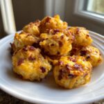 Een stapel goudbruine Cheesy Bacon Potato Bites, rijkelijk gegarneerd met gesmolten kaas en stukjes spek.