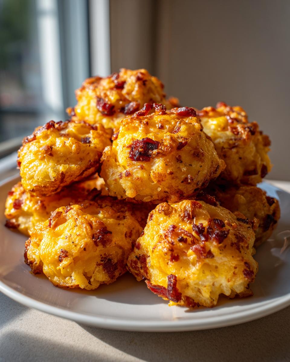 Close-up van een stapel goudgele Cheesy Bacon Potato Bites met zichtbare stukjes spek op een wit bord.