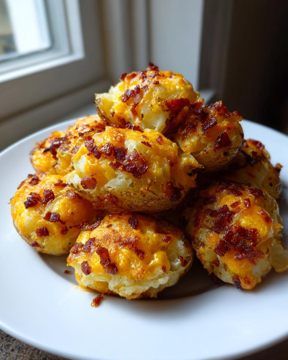 Een stapel goudbruine Cheesy Bacon Potato Bites met gesmolten kaas en krokante spekjes op een wit bord.