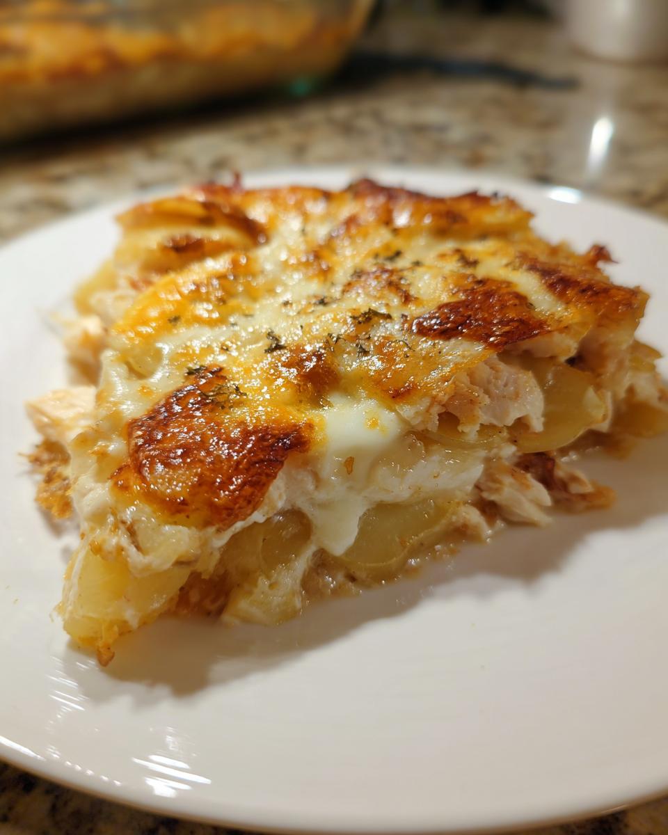 Gegratineerd stuk Chicken And Potato Casserole met gesmolten kaas en aardappelschijfjes.