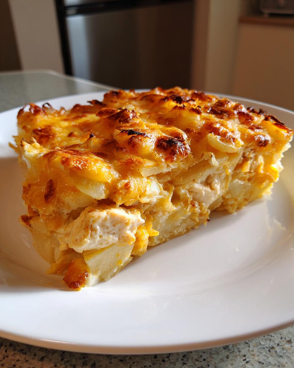 Een dikke portie Chicken And Potato Casserole met een goudbruine, gegratineerde kaaskorst op een wit bord.
