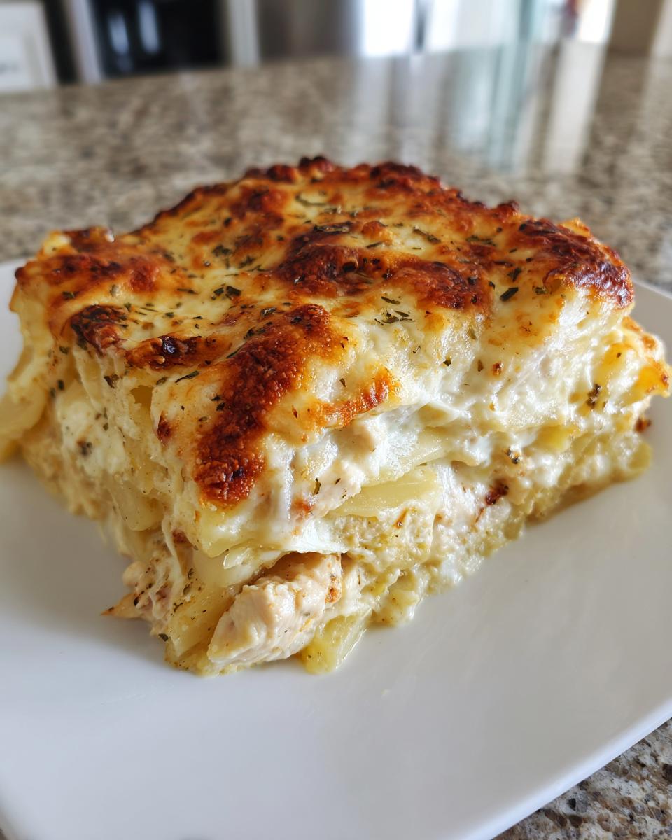 Een dikke, goudbruin gebakken portie Chicken And Potato Casserole met lagen aardappel en romige saus.