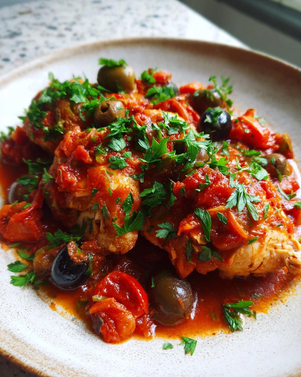 Close-up van Chicken Puttanesca met stukken kip in een rijke tomatensaus, olijven en verse peterselie.