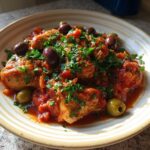 Close-up van een bord Chicken Puttanesca met stukjes kip, tomatensaus, olijven en verse peterselie.