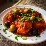Close-up van een bord met Chicken Puttanesca, bedekt met tomatensaus, groene en zwarte olijven en peterselie.