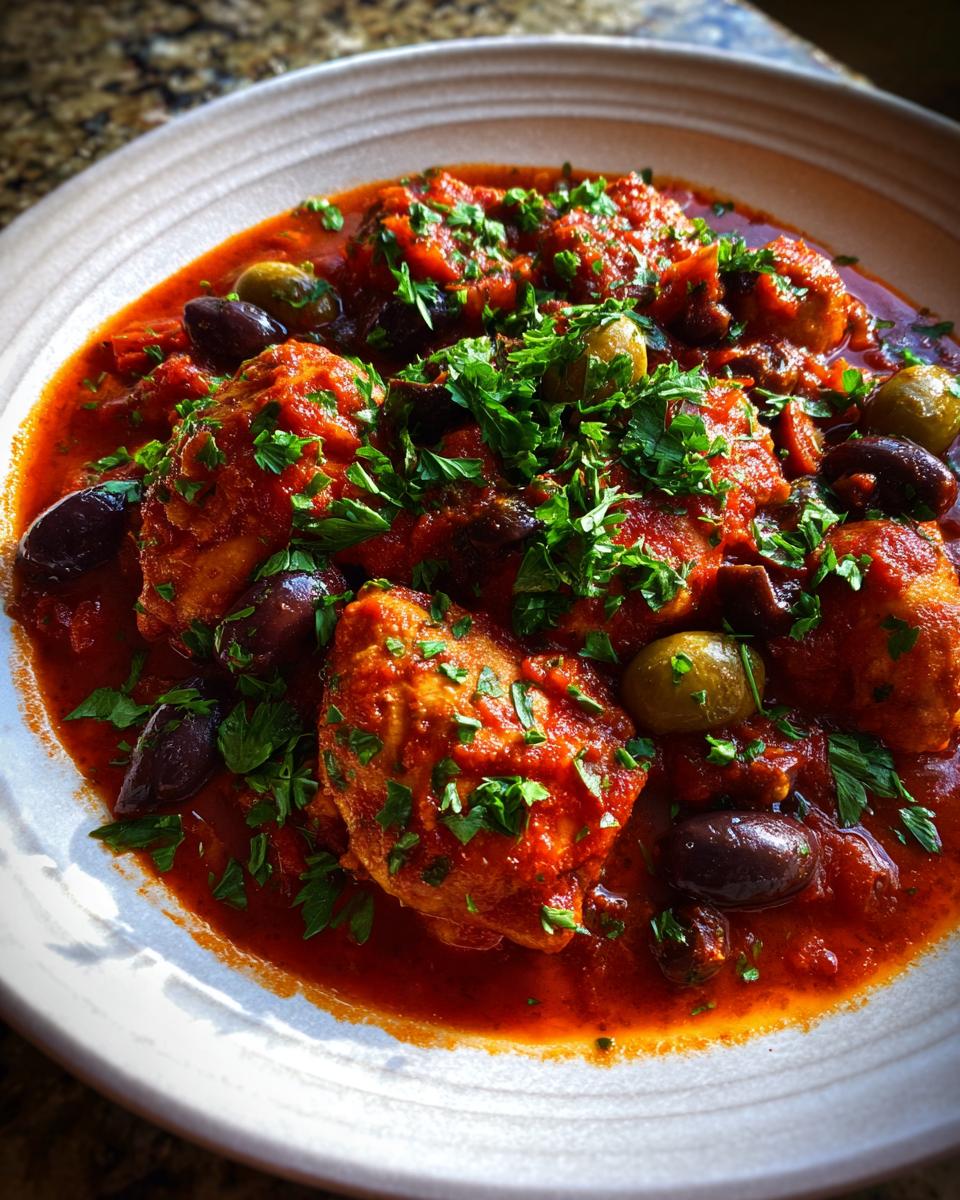 Close-up van Chicken Puttanesca met stukken kip in een rijke tomatensaus, olijven en verse peterselie.