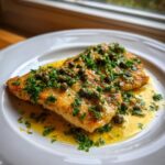 Twee stukken goudbruin gebakken Chicken Scallopini overgoten met citroenbotersaus, kappertjes en verse peterselie.