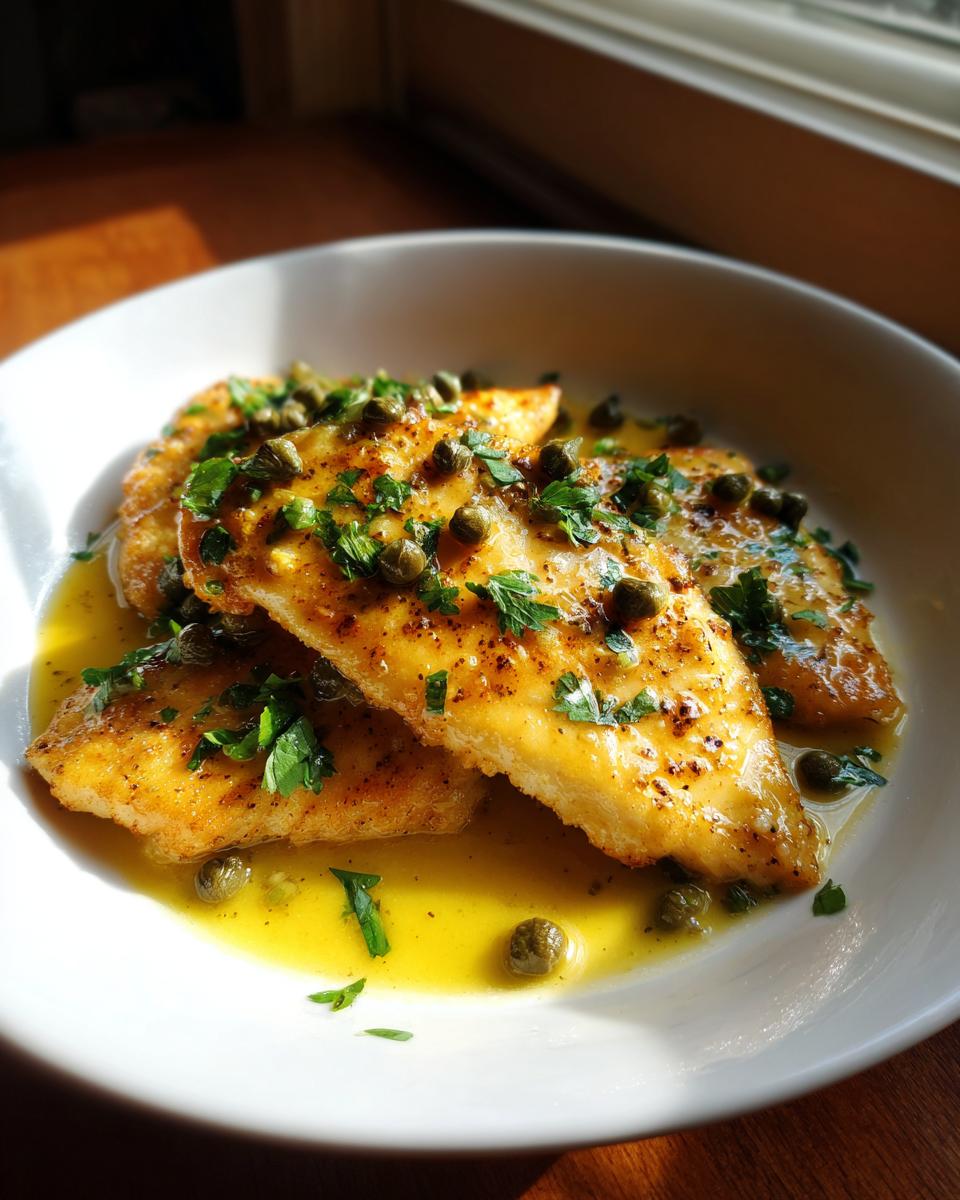 Drie stukken goudbruin gebakken Chicken Scallopini in een citroen-botersaus met kappertjes en peterselie.