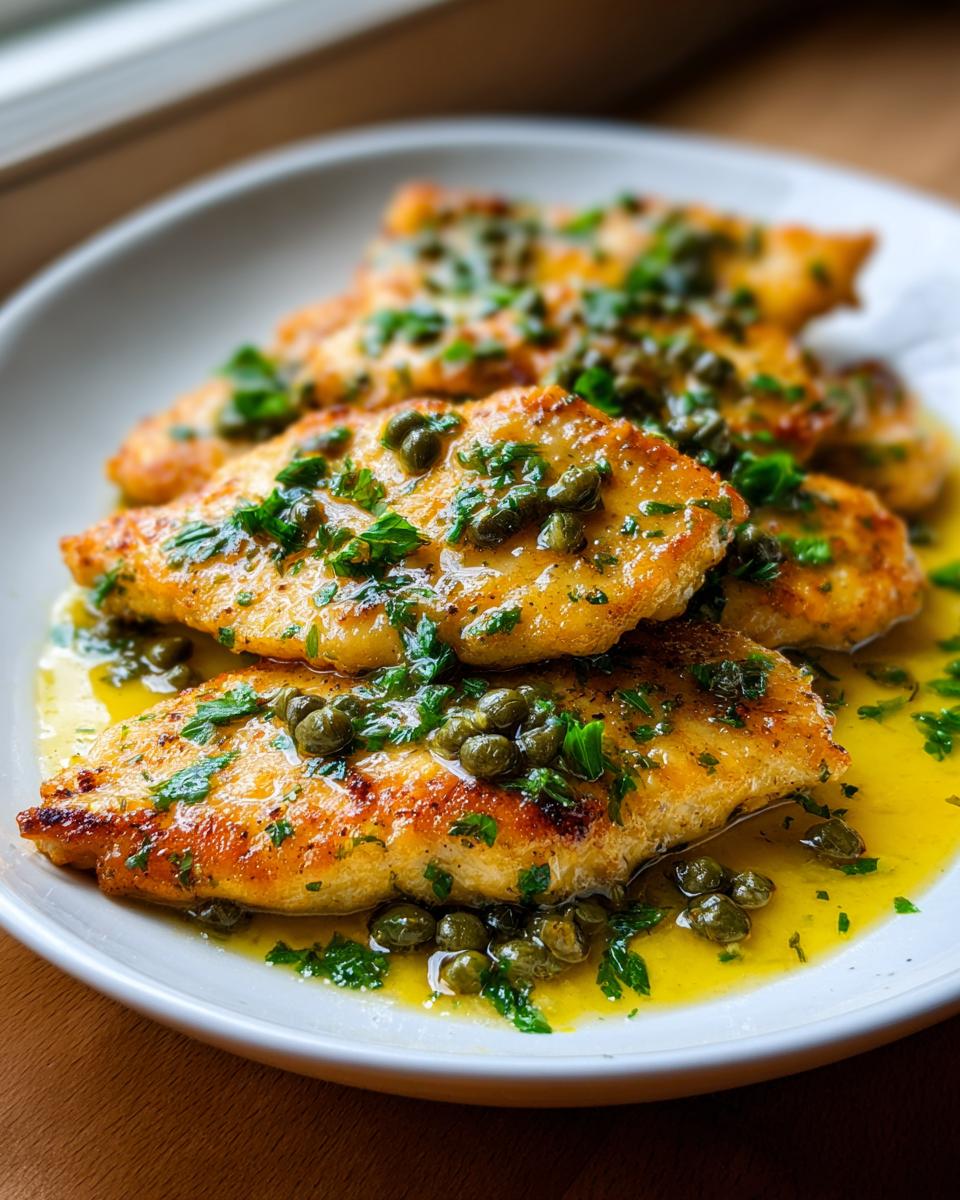 Drie stukken goudbruine Chicken Scallopini overgoten met citroenbotersaus en kappertjes.