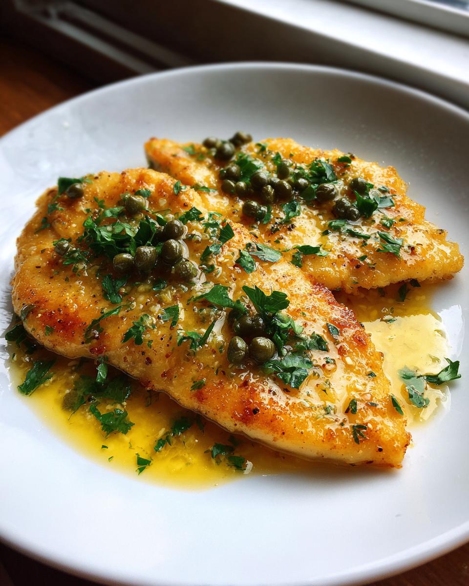 Twee stukken goudbruine Chicken Scallopini overgoten met citroen-botersaus, kappertjes en peterselie.