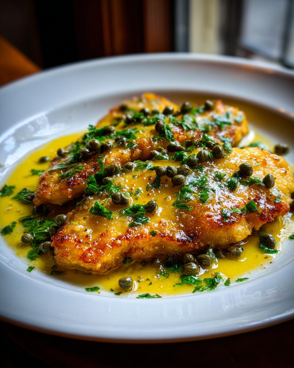 Twee stukken goudbruin gebakken Chicken Scallopini in een citroen-botersaus met kappertjes en peterselie.