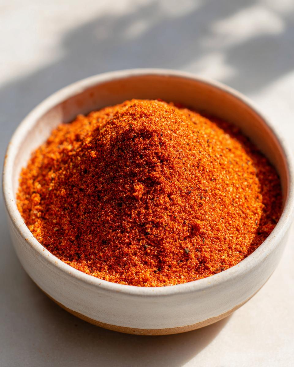 Close-up van een wit kommetje gevuld met feloranje Chicken Seasoning Blend.