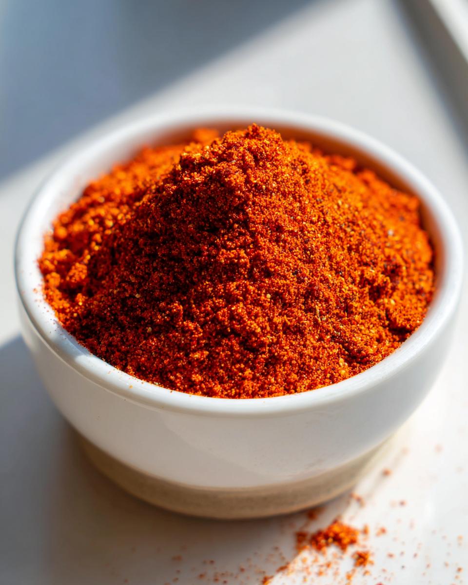 Close-up van een witte kom gevuld met een berg helderoranje Chicken Seasoning Blend kruiden.