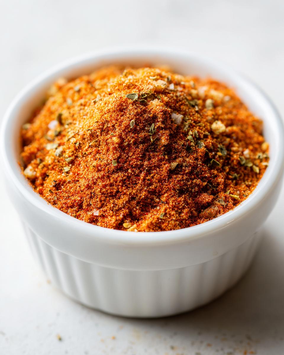 Close-up van een helder oranjerood Chicken Seasoning Blend met zichtbare kruiden in een klein wit kommetje.