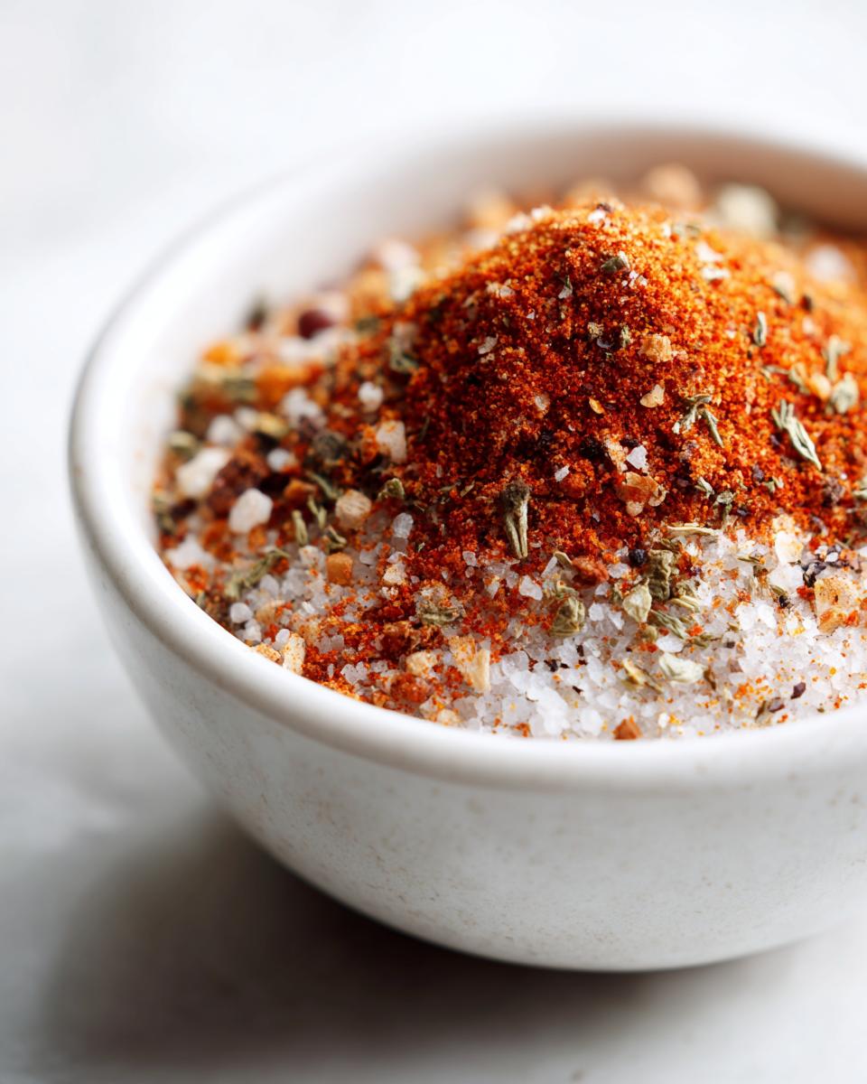 Close-up van een wit kommetje gevuld met een gelaagde Chicken Seasoning Blend, met zout, paprikapoeder en kruiden.