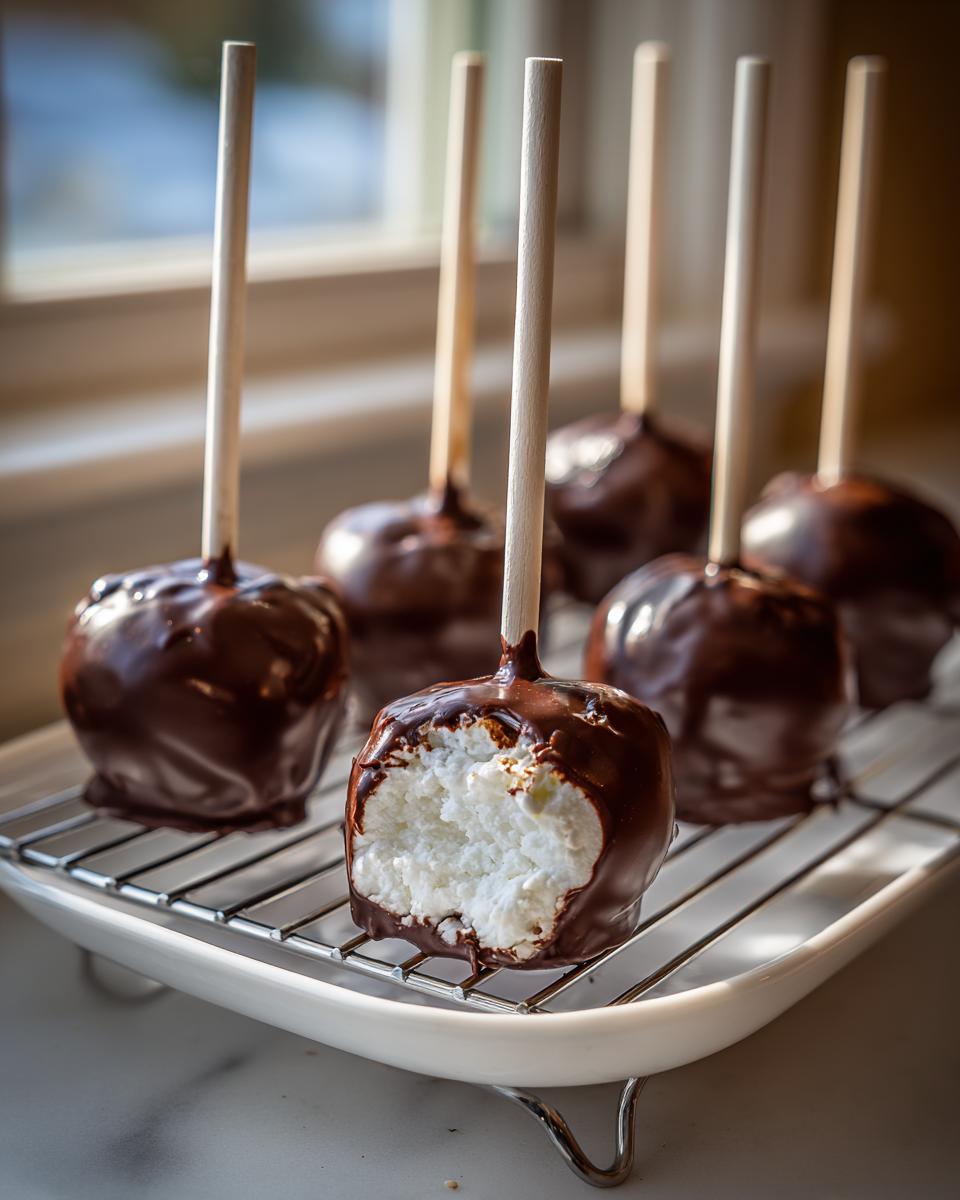 Een close-up van chocolade overgoten marshmallow lolly's, waarvan één een hap mist die de witte marshmallow onthult.