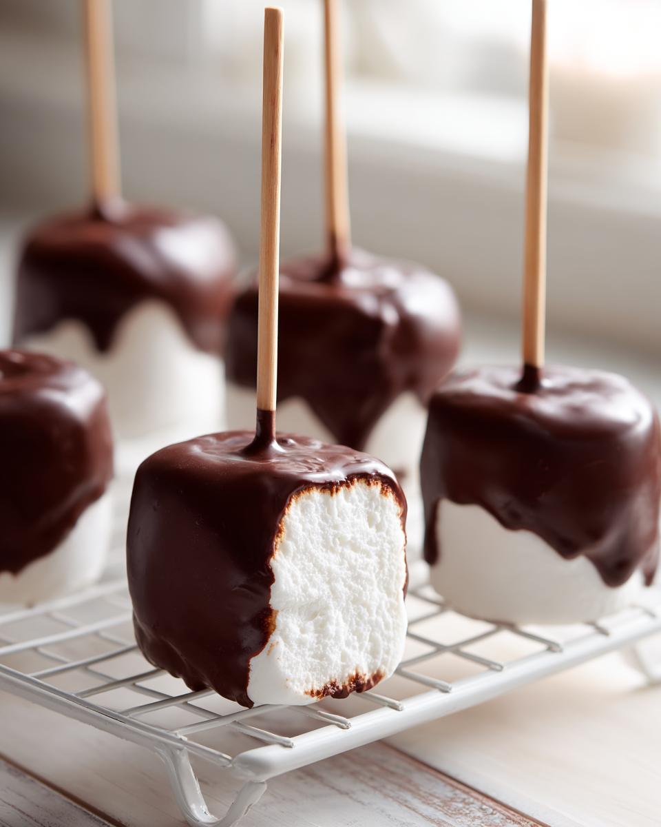 Close-up van een Chocolate Covered Marshmallow Pop met een hap eruit, liggend op een wit rooster.