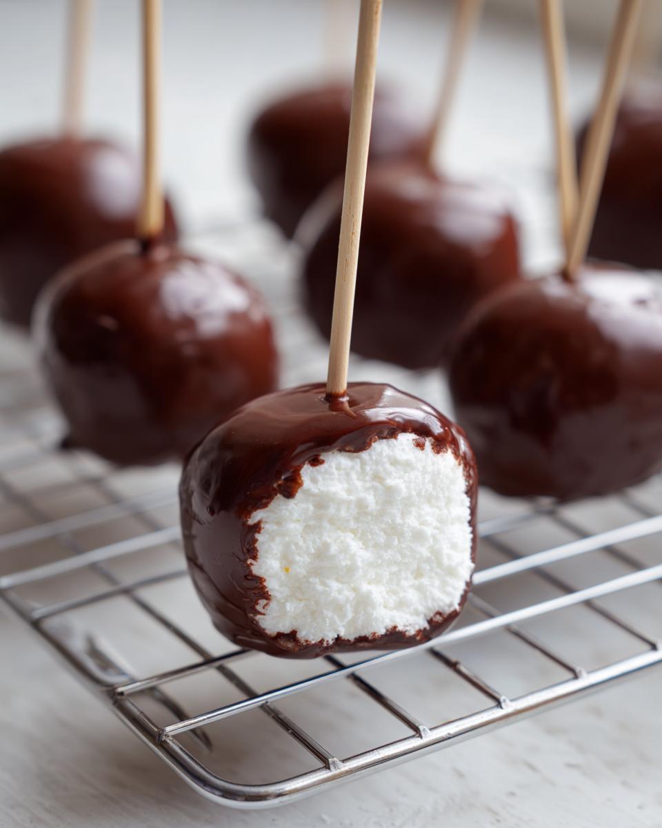Close-up van een Chocolate Covered Marshmallow Pop met een hap eruit, die de witte marshmallow toont.