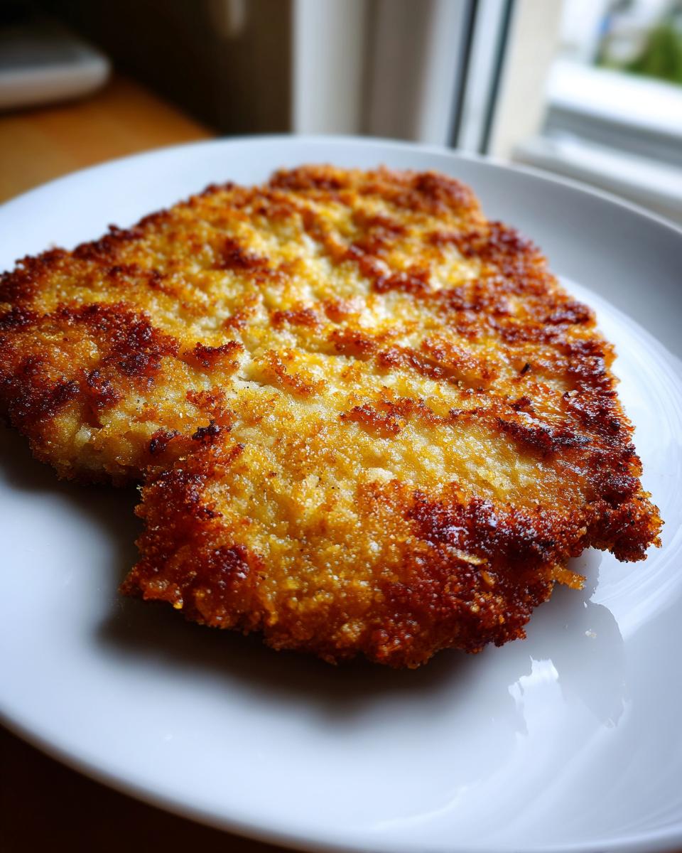 Close-up van een perfect gebakken Classic Pork Schnitzel met een krokante, goudbruine korst op een wit bord.