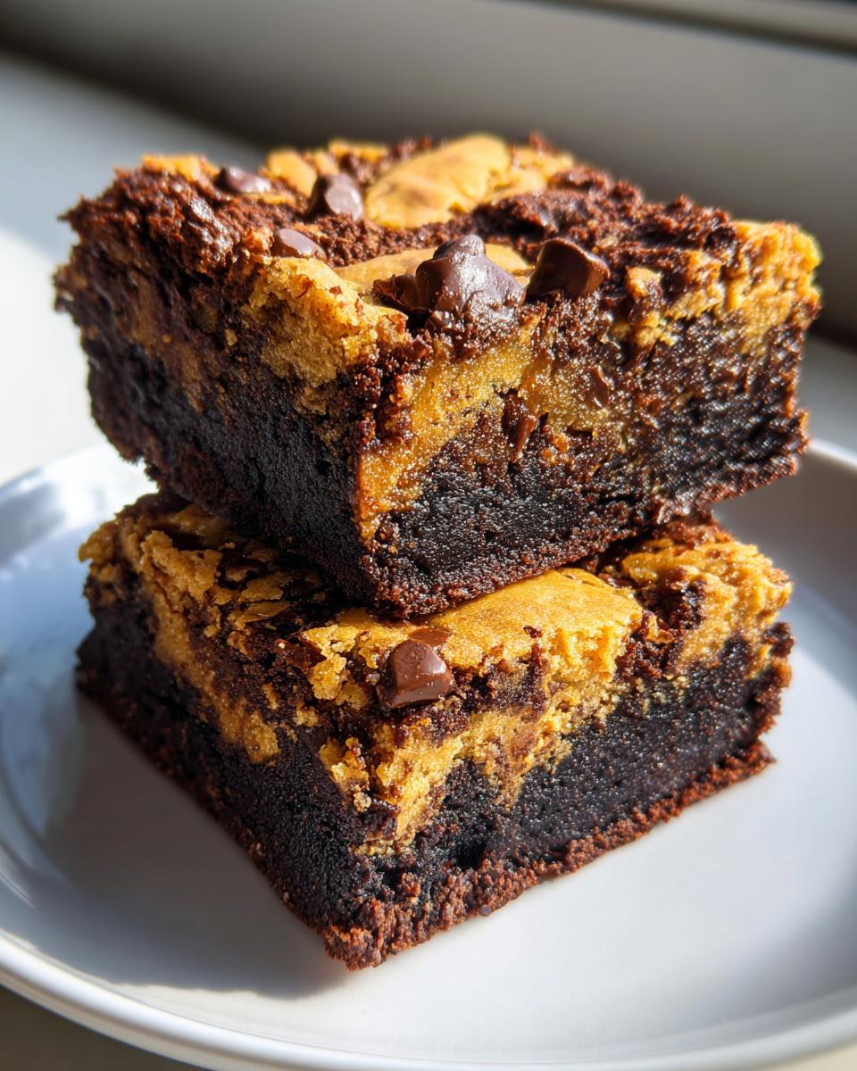 Twee gestapelde, rijke Cookie Dough Brownies met een donkere chocoladebasis en een gele cookie dough topping met chocoladechips.