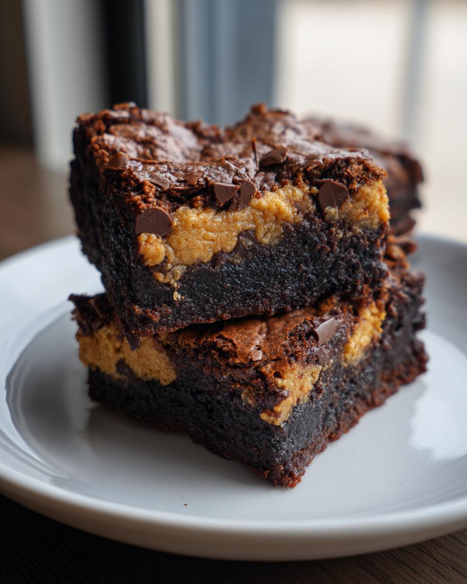 Twee gestapelde, rijke chocolade Cookie Dough Brownies met een laag koekjesdeeg ertussen, gegarneerd met chocoladedruppels.