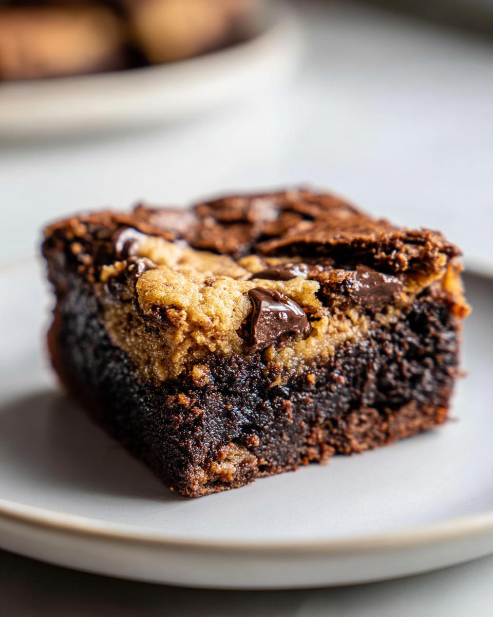 Close-up van een rijke, fudgy Cookie Dough Brownies plak met een laag cookie dough en gesmolten chocolade stukjes.