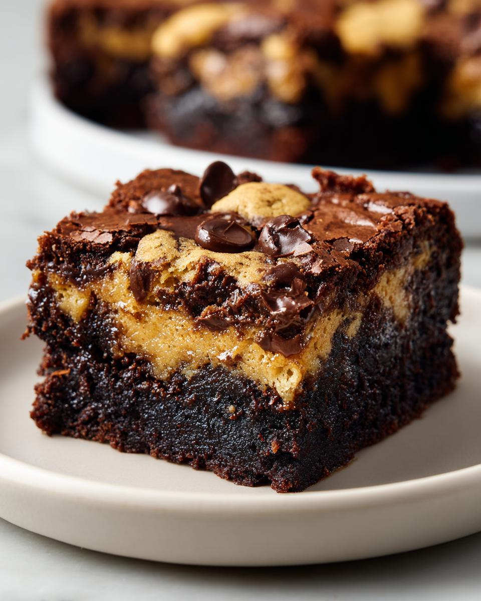 Een close-up van een rijke, fudgy brownie met een laag cookie dough en chocolade chips: de Cookie Dough Brownies.