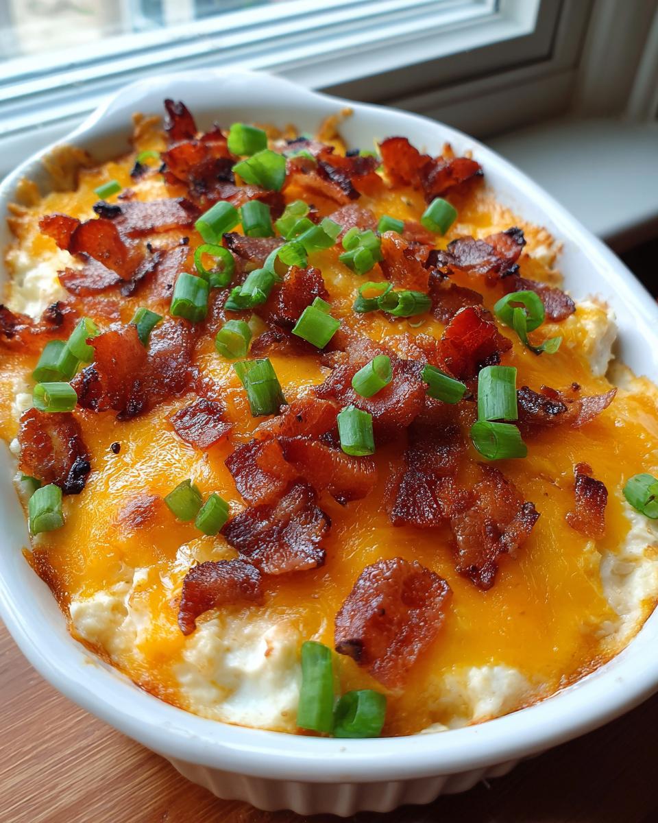 Close-up van een warme Crack Chicken Dip in een witte schaal, bedekt met gesmolten kaas, krokant spek en lente-ui.