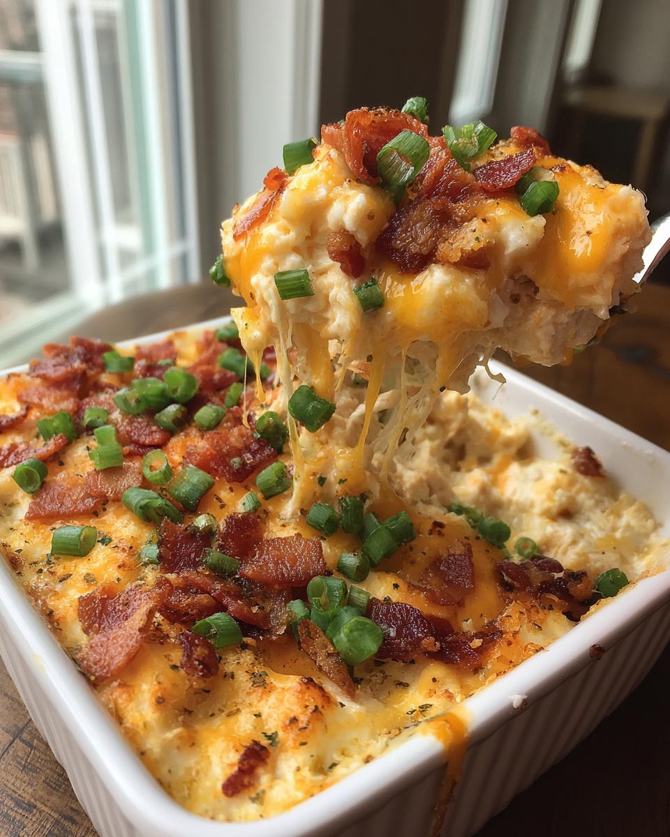 Een lepel vol gesmolten, draderige Crack Chicken Dip, gegarneerd met krokant spek en lente-ui.