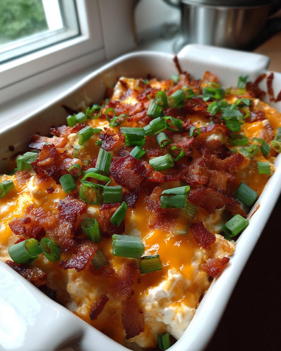 Een close-up van een witte schaal gevuld met romige Crack Chicken Dip, gegarneerd met gesmolten cheddar, krokant spek en lente-ui.