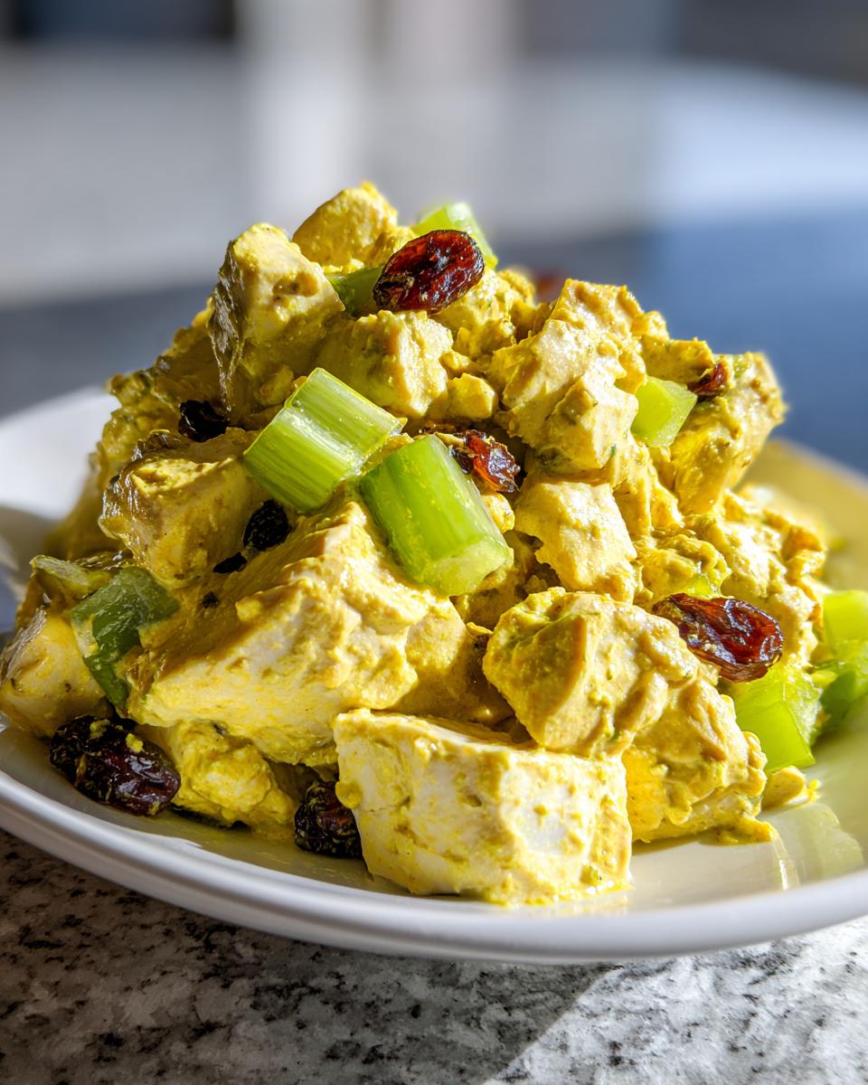 Close-up van romige gele Curry Chicken Salad met blokjes kip, groene bleekselderij en donkere rozijnen op een wit bord.