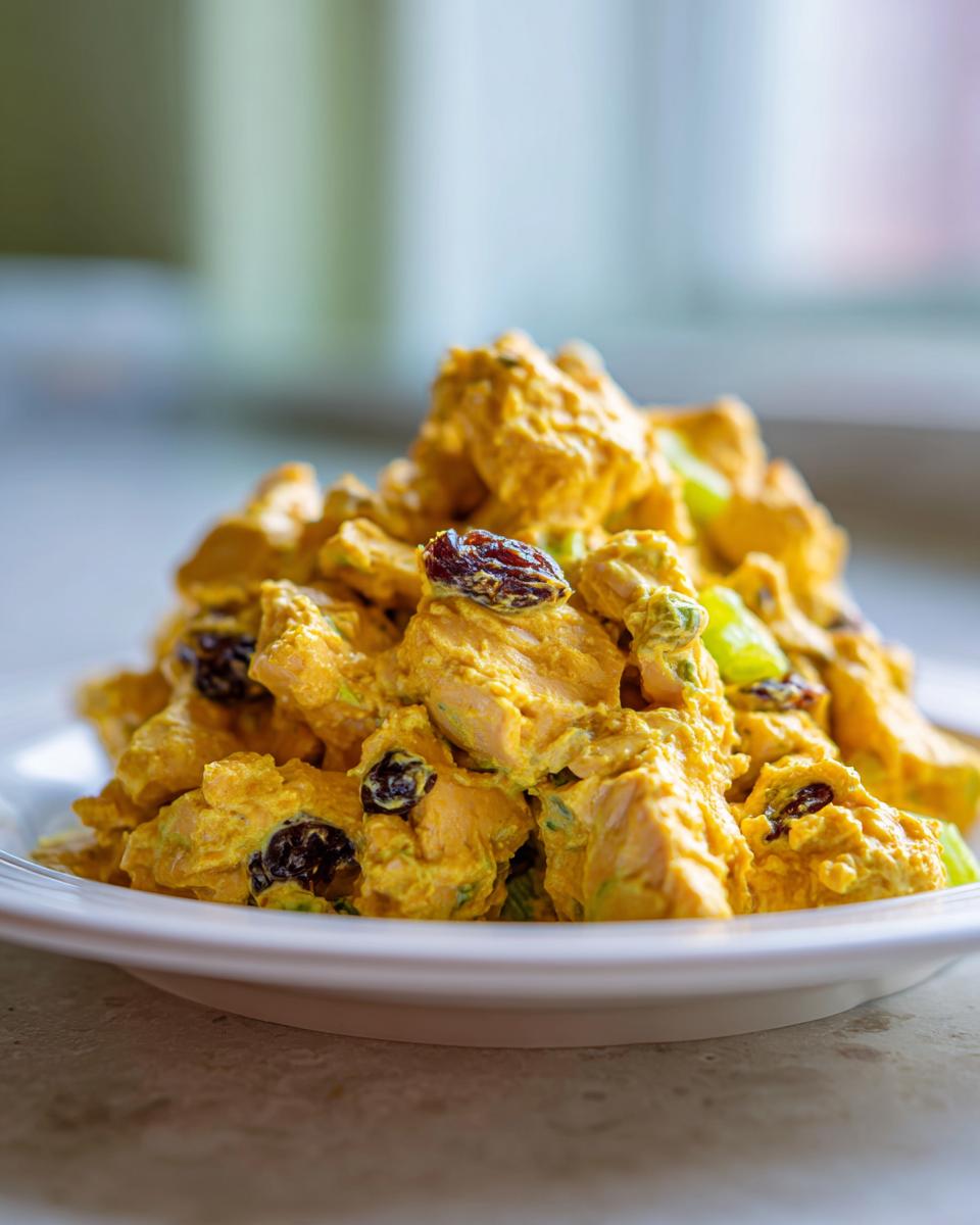 Grote portie romige gele Curry Chicken Salad met stukjes kip, selderij en donkere rozijnen op een wit bord.