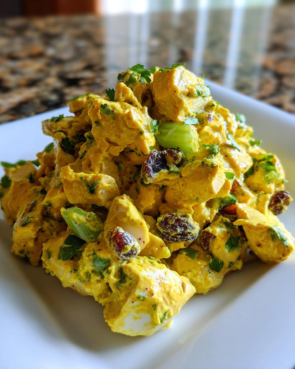 Close-up van een portie romige gele Curry Chicken Salad met stukjes kip, rozijnen en selderij, gegarneerd met peterselie.