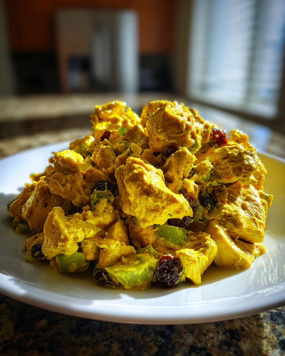 Een close-up van een portie gele Curry Chicken Salad met stukjes kip, druiven en rozijnen op een wit bord.