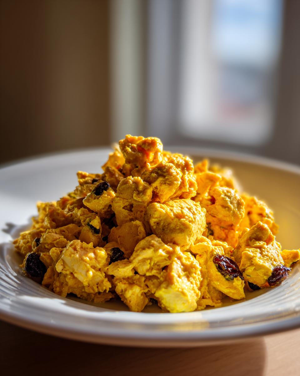 Close-up van een portie gele Curry Chicken Salad met stukjes kip en donkere rozijnen op een wit bord.